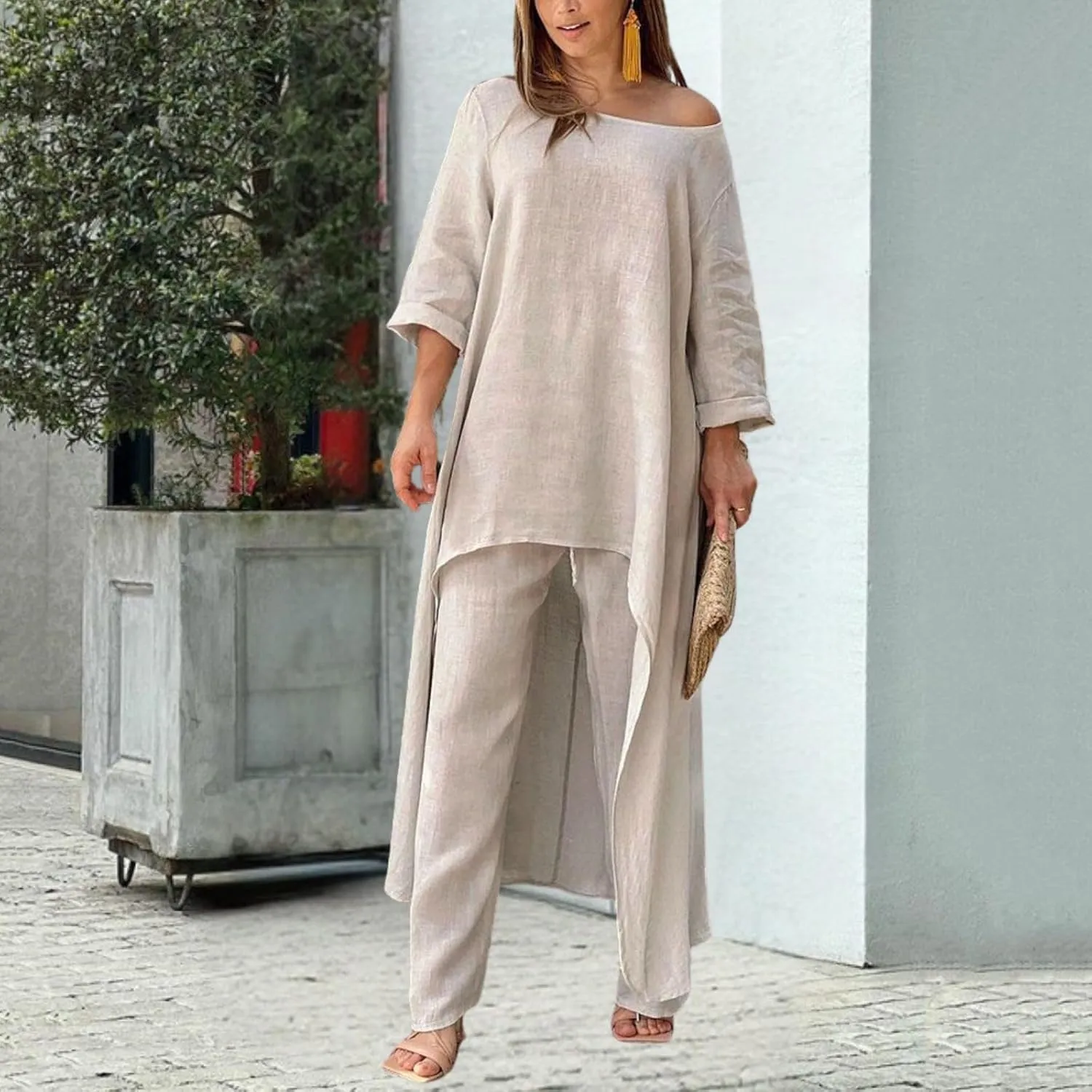 Bengbobar Cotton Linen Sets for Women 2 Piece Linen Suit Pants Two Piece 3/4 Sleeve Irregular Hem Dress Wide Leg Pant Outfits
