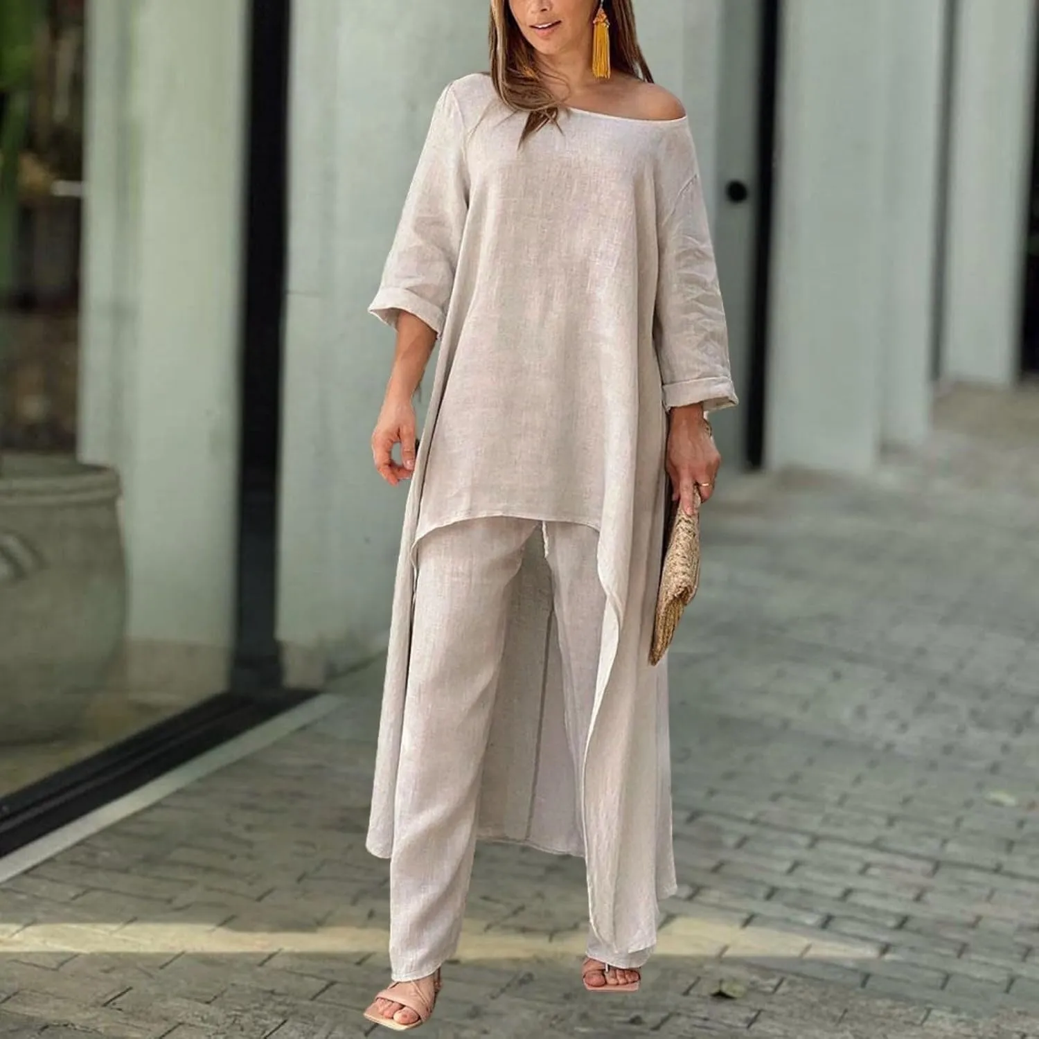 Bengbobar Cotton Linen Sets for Women 2 Piece Linen Suit Pants Two Piece 3/4 Sleeve Irregular Hem Dress Wide Leg Pant Outfits
