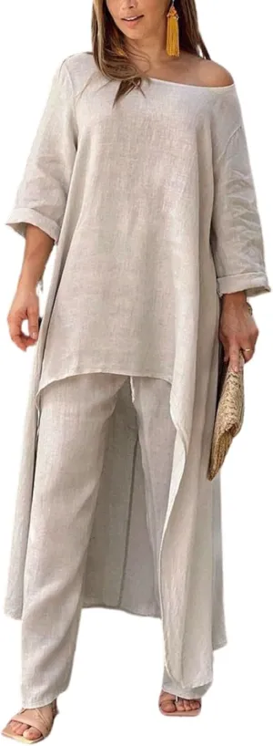 Bengbobar Cotton Linen Sets for Women 2 Piece Linen Suit Pants Two Piece 3/4 Sleeve Irregular Hem Dress Wide Leg Pant Outfits