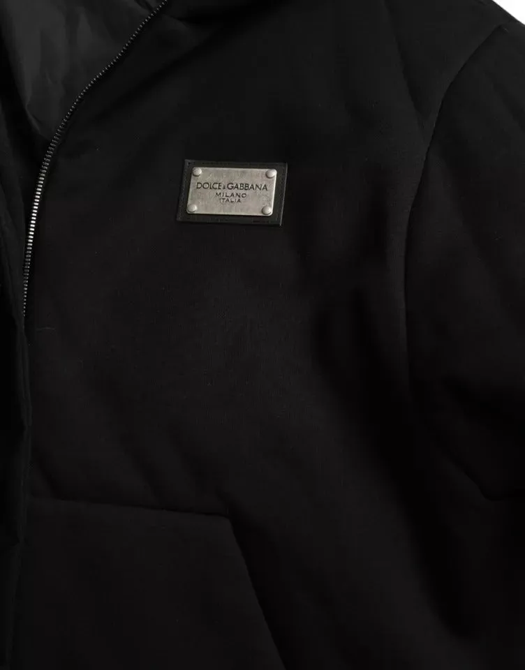 Black Cotton Hooded Logo Bomber Men Jacket