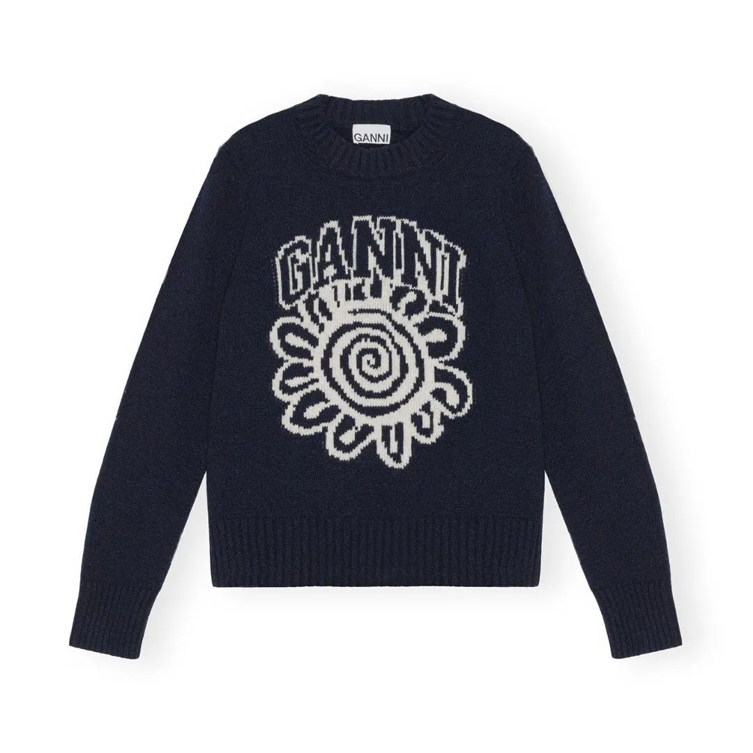 Blue Flower Graphic O-Neck Pullover (Sky Captain)