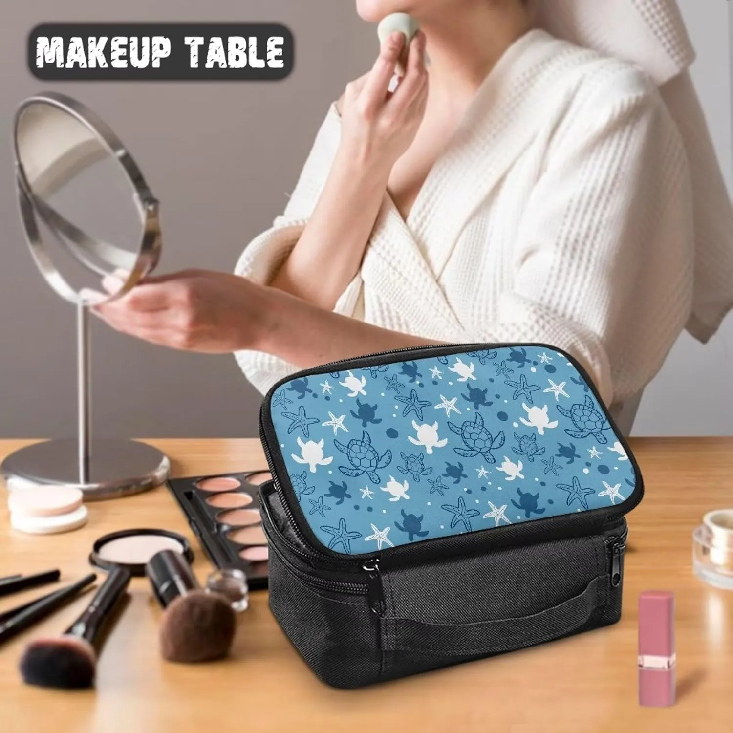 Blue Sea Turtle Party Makeup Bag  Glam Square Travel Organizer with Spill-Proof Design | Personalized Cosmetic Bag for Sisters, Moms | Teen Girl Gifts Trendy Stuff for Special Nights