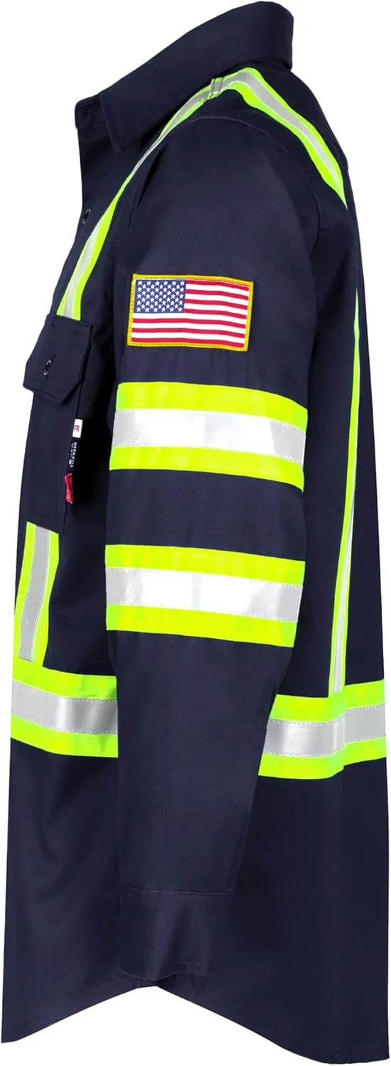 BOCOMAL FR Shirts High Visibility Button Down 7.5oz ANSI/ISEA Type O Class1 Flame Resistant Hi Vis Refective Safety Jacket