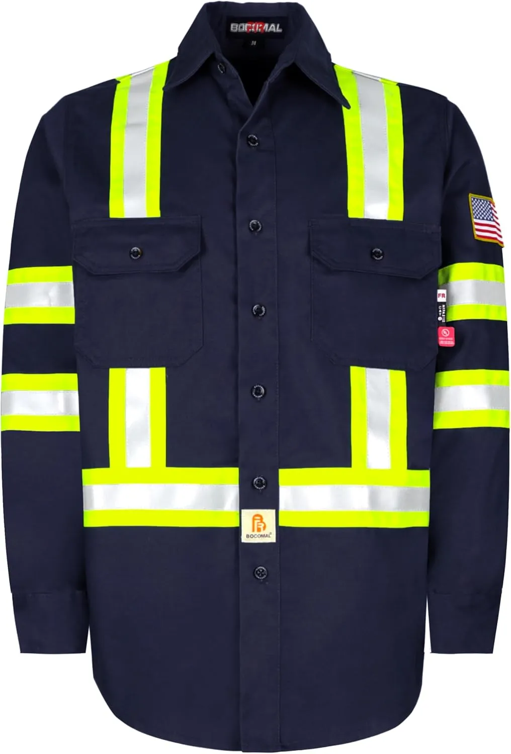 BOCOMAL FR Shirts High Visibility Button Down 7.5oz ANSI/ISEA Type O Class1 Flame Resistant Hi Vis Refective Safety Jacket