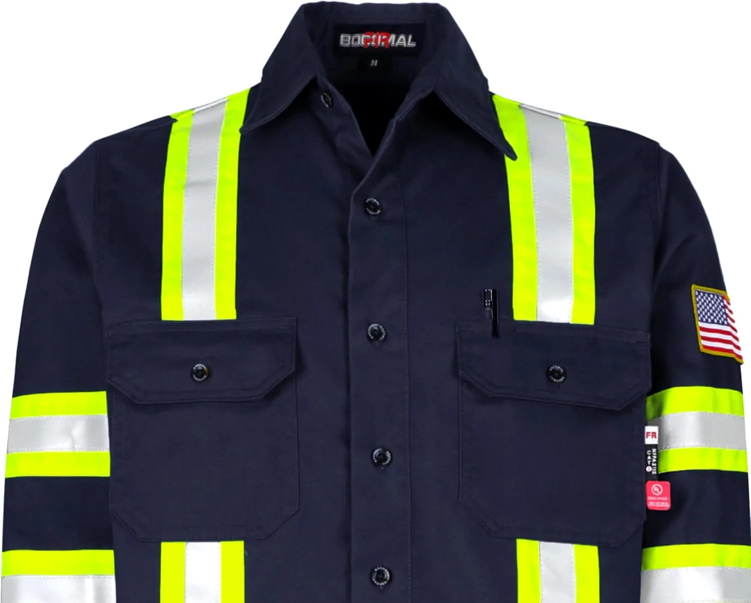 BOCOMAL FR Shirts High Visibility Button Down 7.5oz ANSI/ISEA Type O Class1 Flame Resistant Hi Vis Refective Safety Jacket