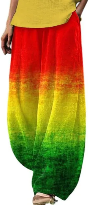 Boho Wide Leg Linen Pants for Women Summer Loose Pleated Elastic Waist Baggy Pants with Pockets Plus Size