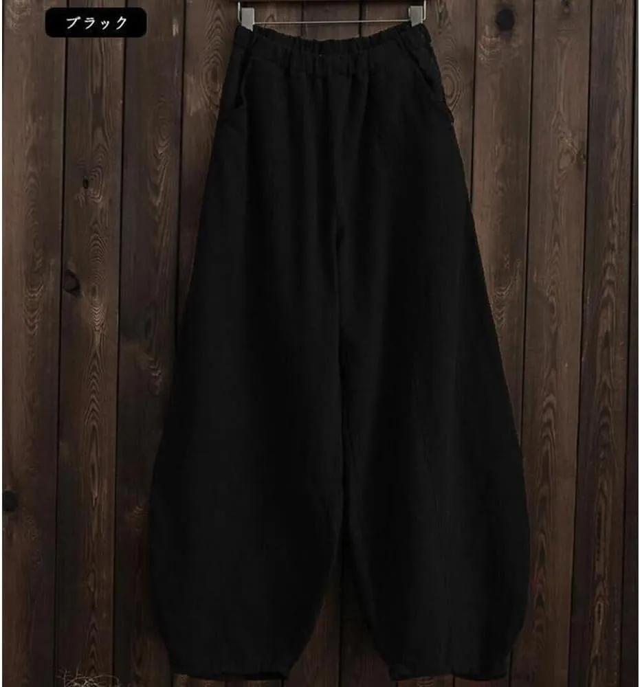 Boho Wide Leg Linen Pants for Women Summer Loose Pleated Elastic Waist Baggy Pants with Pockets Plus Size