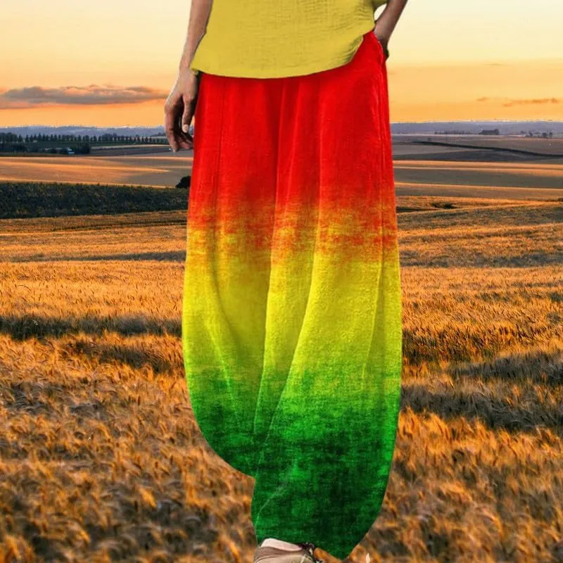Boho Wide Leg Linen Pants for Women Summer Loose Pleated Elastic Waist Baggy Pants with Pockets Plus Size