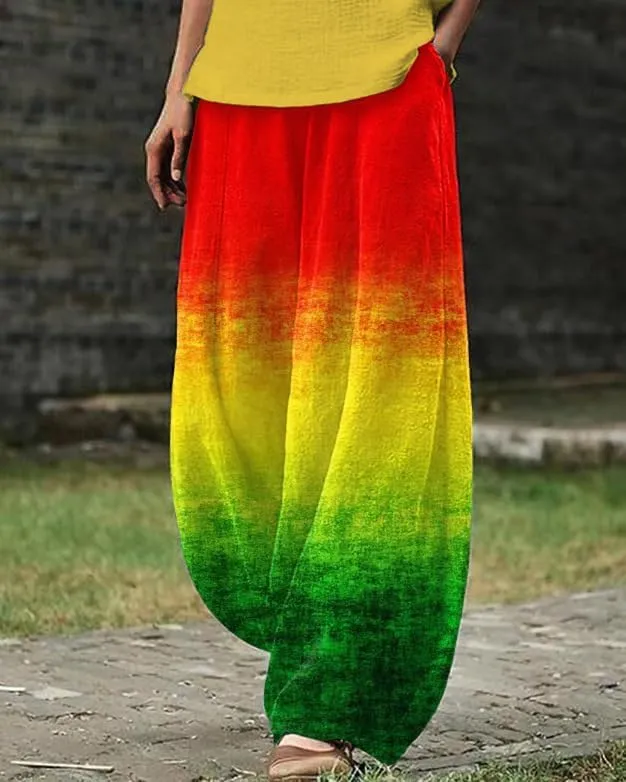 Boho Wide Leg Linen Pants for Women Summer Loose Pleated Elastic Waist Baggy Pants with Pockets Plus Size