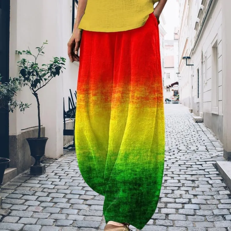 Boho Wide Leg Linen Pants for Women Summer Loose Pleated Elastic Waist Baggy Pants with Pockets Plus Size