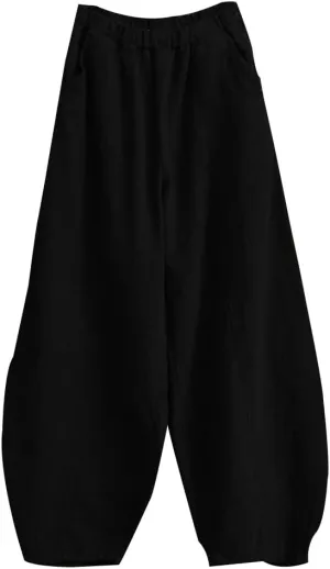 Boho Wide Leg Linen Pants for Women Summer Loose Pleated Elastic Waist Baggy Pants with Pockets Plus Size