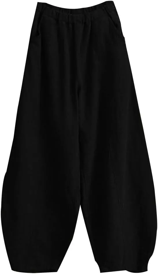 Boho Wide Leg Linen Pants for Women Summer Loose Pleated Elastic Waist Baggy Pants with Pockets Plus Size
