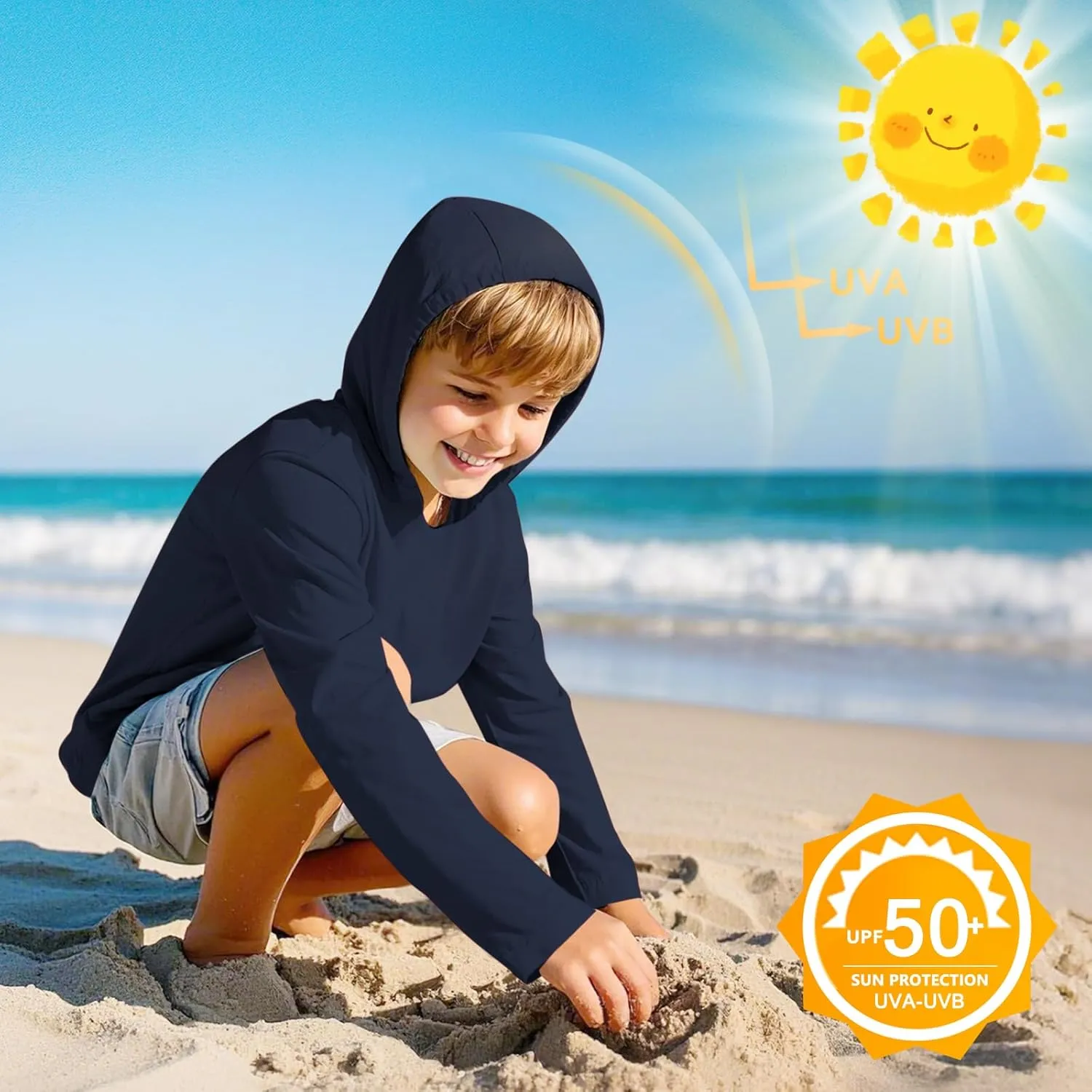 Boys Rash Guard Hoodie UPF 50  Sun Protection Long Sleeve Swim Shirt Quick Dry Kids SPF Fishing Water Beach Shirts