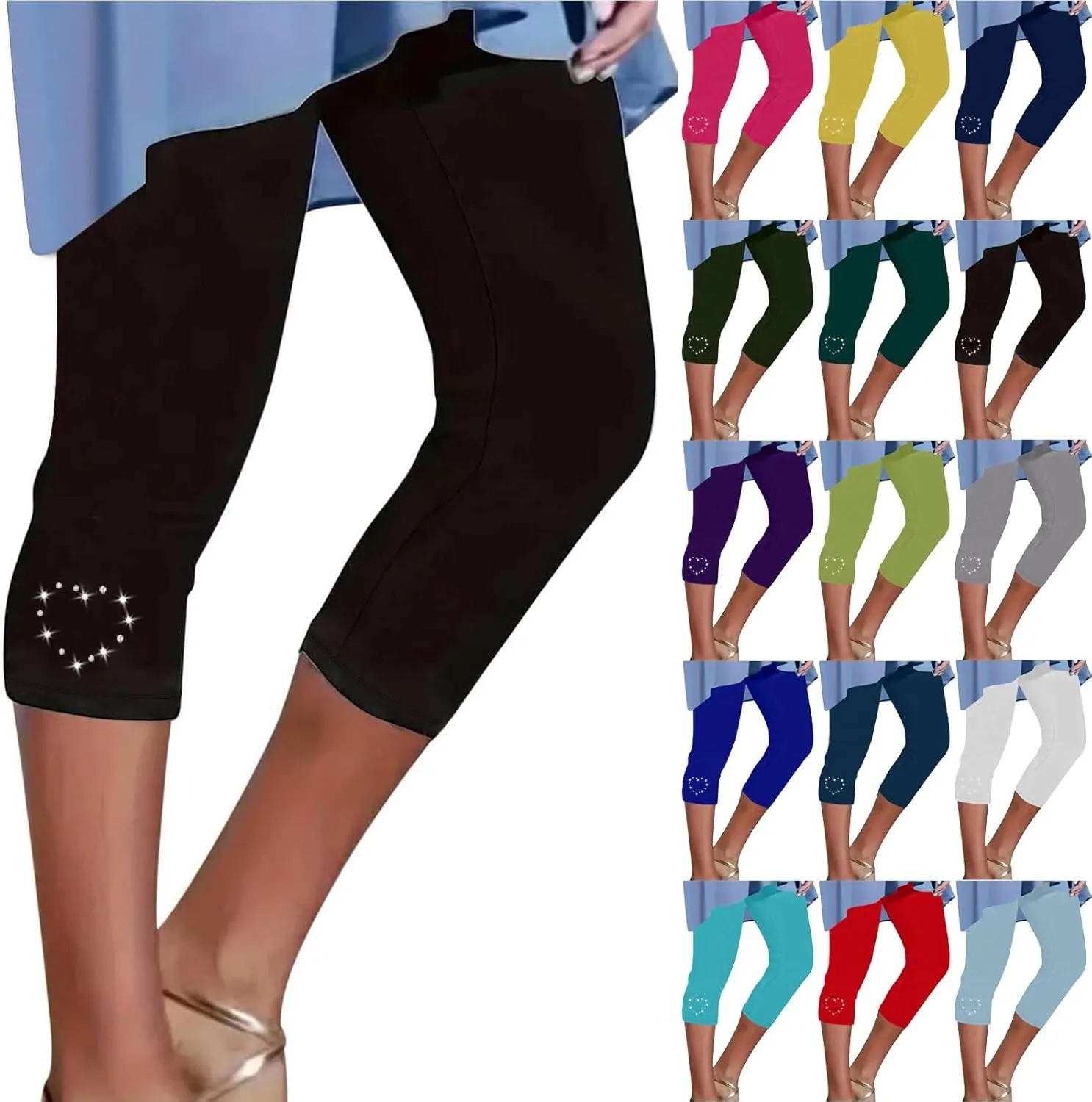 Capri Leggings for Women Rhinestone High Waist Capris Pants Tummy Control Knee Length Slim Fit Yoga Cropped Trouser
