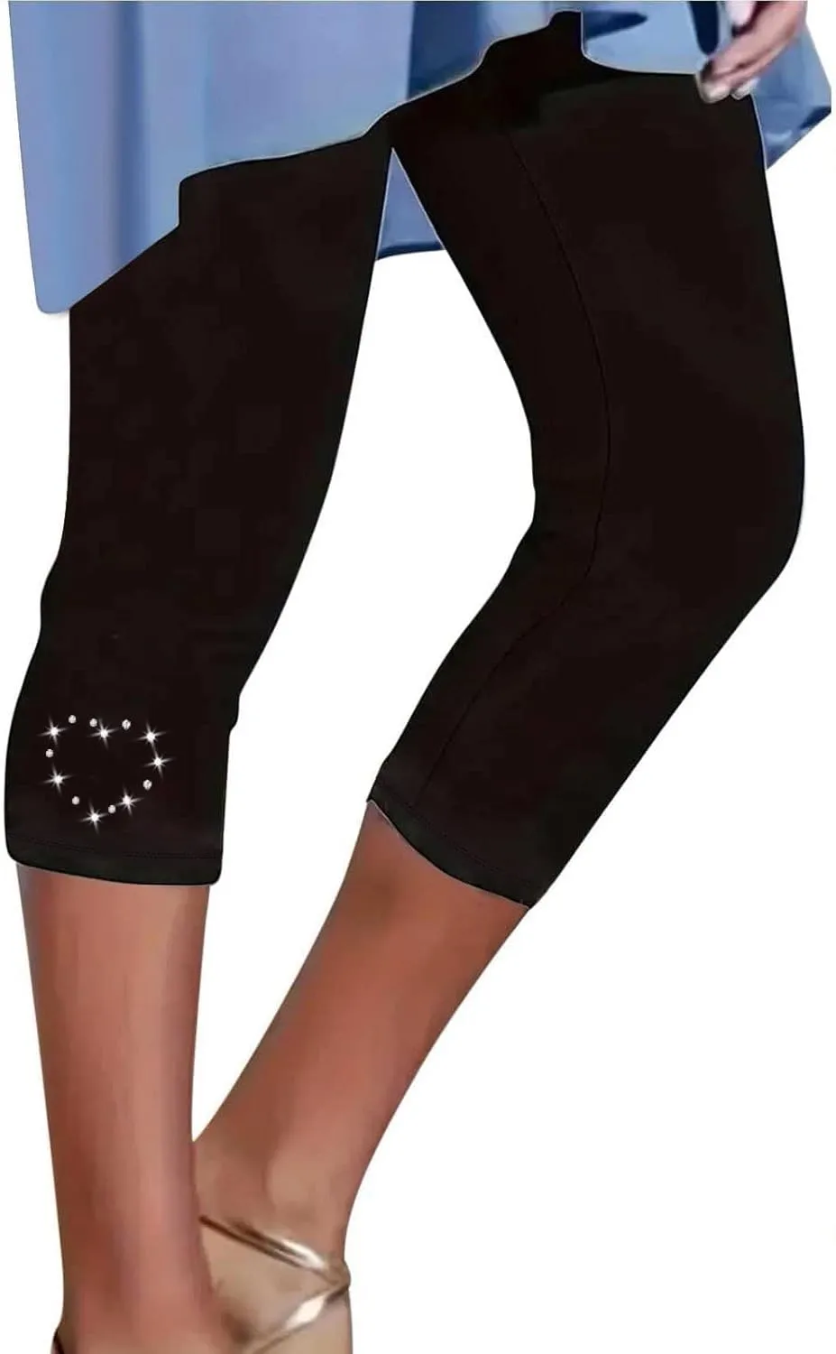 Capri Leggings for Women Rhinestone High Waist Capris Pants Tummy Control Knee Length Slim Fit Yoga Cropped Trouser