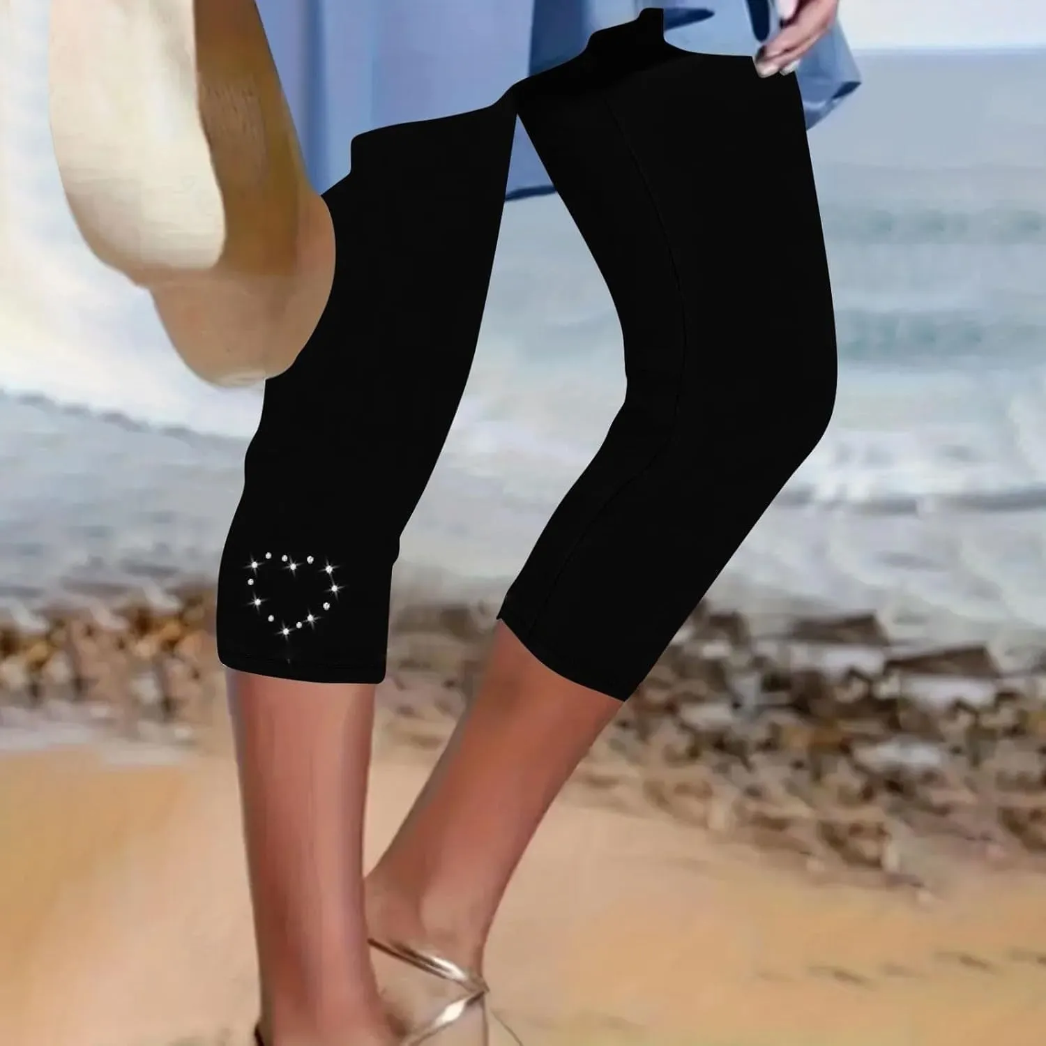 Capri Leggings for Women Rhinestone High Waist Capris Pants Tummy Control Knee Length Slim Fit Yoga Cropped Trouser
