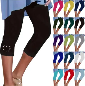 Capri Leggings for Women Rhinestone High Waist Capris Pants Tummy Control Knee Length Slim Fit Yoga Cropped Trouser