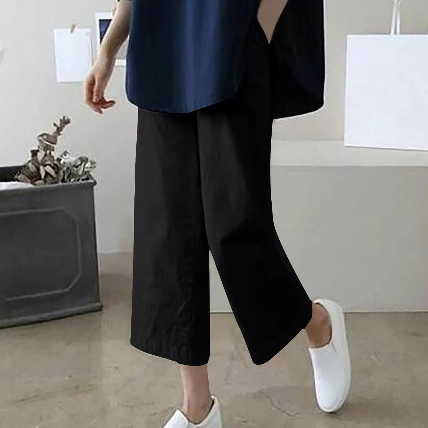 Capri Linen Pants Women Dressy Casual Wide Leg Summer Palazzo Pant High Waisted Flowy Lounge Trouser with Pocket 2025