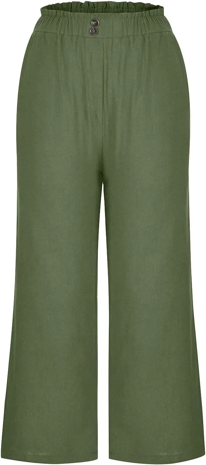 Capri Pants for Women Casual 2025 Summer Drawstring Elastic High Waist Linen Pant Straight Wide Leg Cropped Trousers