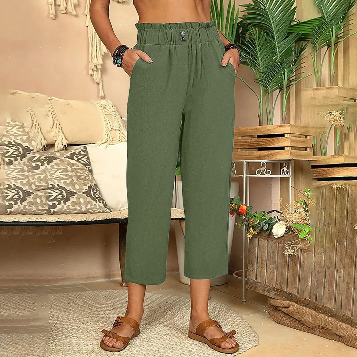 Capri Pants for Women Casual 2025 Summer Drawstring Elastic High Waist Linen Pant Straight Wide Leg Cropped Trousers