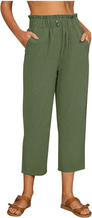 Capri Pants for Women Casual 2025 Summer Drawstring Elastic High Waist Linen Pant Straight Wide Leg Cropped Trousers