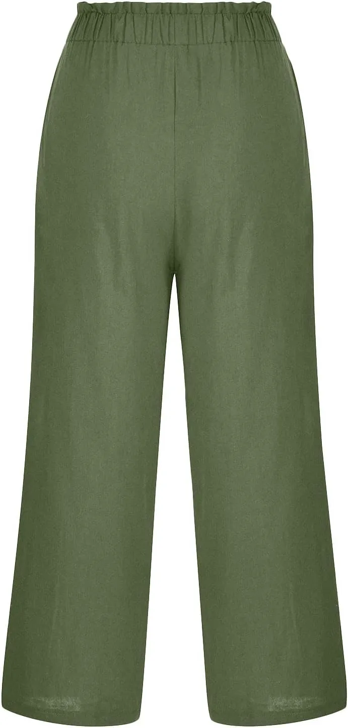 Capri Pants for Women Casual 2025 Summer Drawstring Elastic High Waist Linen Pant Straight Wide Leg Cropped Trousers