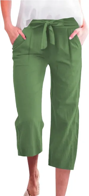 Capri Pants for Women Casual Straight Wide Leg Cropped Trousers Drawstring Elastic High Waist Linen Summer Pant