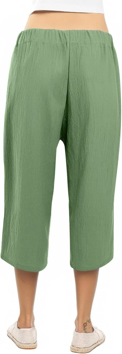 Capri Pants for Women Casual Straight Wide Leg Cropped Trousers Drawstring Elastic High Waist Linen Summer Pant