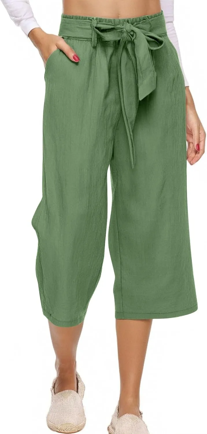 Capri Pants for Women Casual Straight Wide Leg Cropped Trousers Drawstring Elastic High Waist Linen Summer Pant