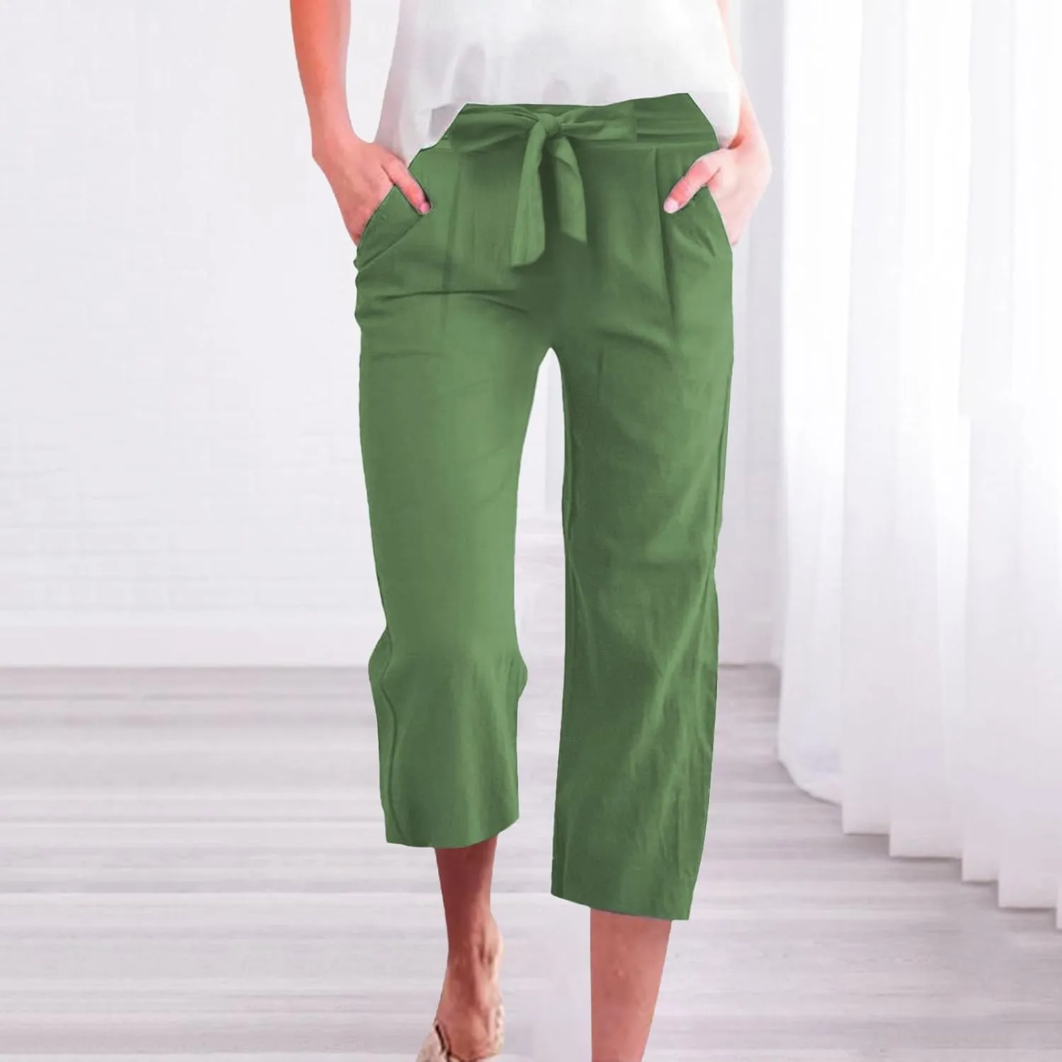 Capri Pants for Women Casual Straight Wide Leg Cropped Trousers Drawstring Elastic High Waist Linen Summer Pant