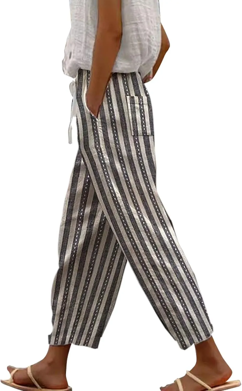 Capri Pants for Women Cotton Linen Pants,Summer Wide Leg Casual Loose Drawstring High Waist Palazzo Pants
