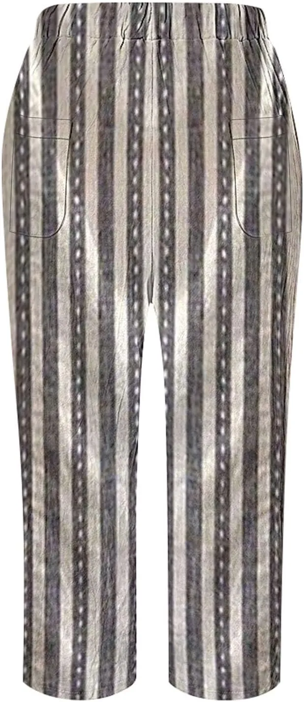 Capri Pants for Women Cotton Linen Pants,Summer Wide Leg Casual Loose Drawstring High Waist Palazzo Pants