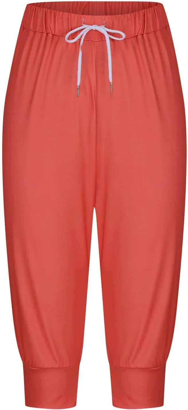 Capri Pants for Women Drawstring Cropped Jogger Running Yoga Pants Elastic Waist Summer Sweatpants with Pockets