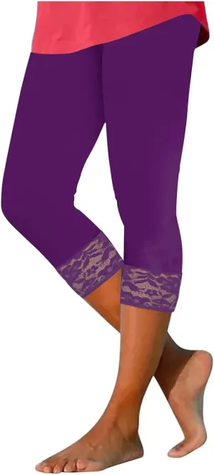 Capri Yoga Pants for Women Lace Trim 3/4 Length Cropped Leggings High Waist Stretch Workout Lounge Tights