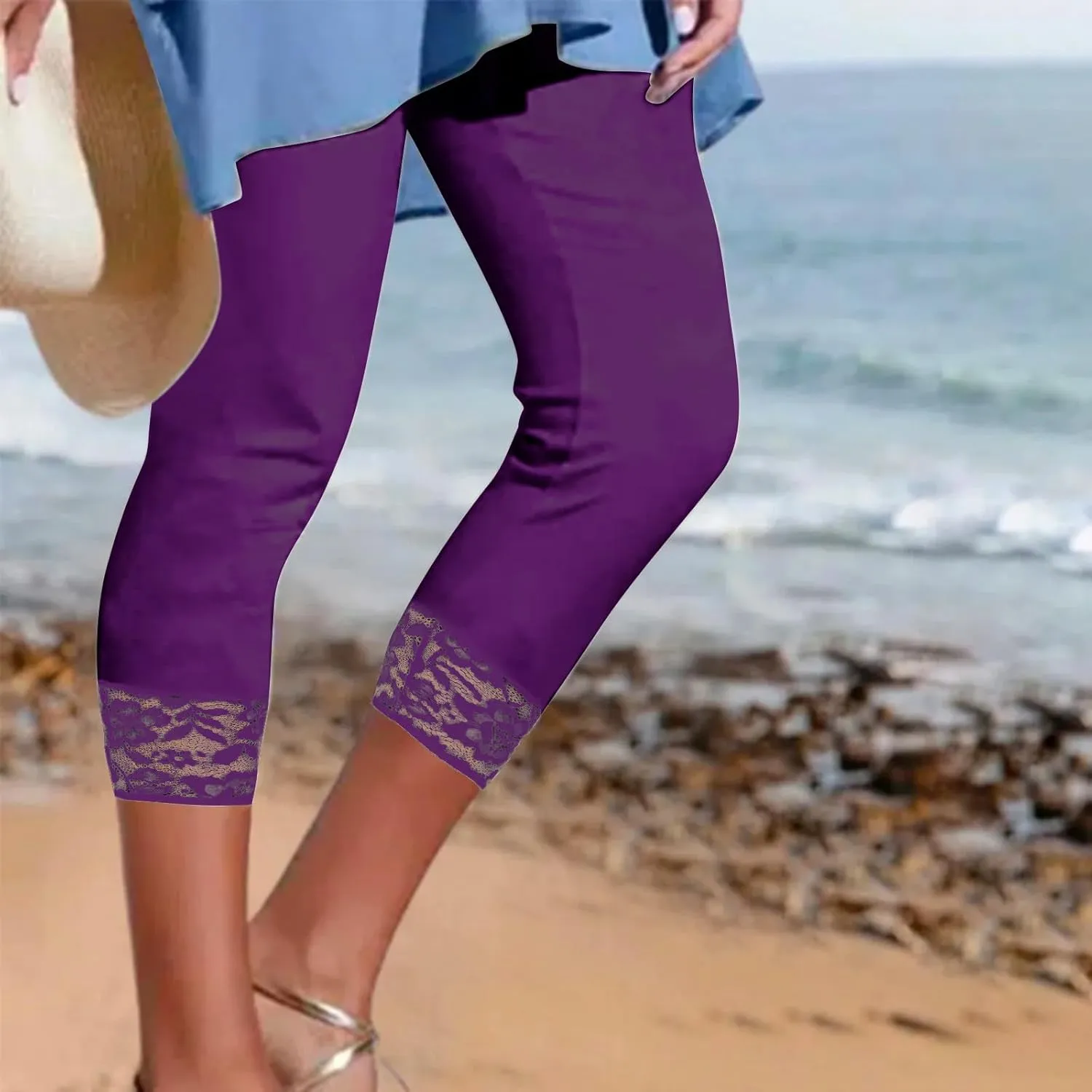 Capri Yoga Pants for Women Lace Trim 3/4 Length Cropped Leggings High Waist Stretch Workout Lounge Tights