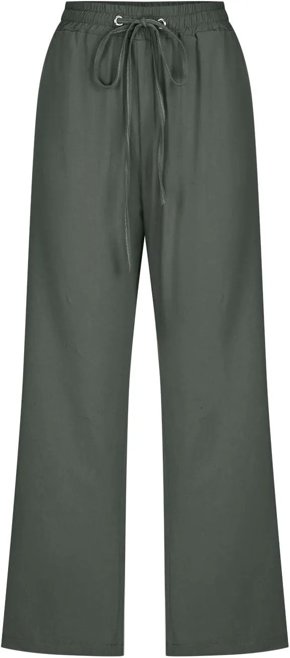Capris Pants for Women Cotton Linen Casual Summer 2025 Drawstring Elastic Waist Straight Cropped Trouser with Pockets