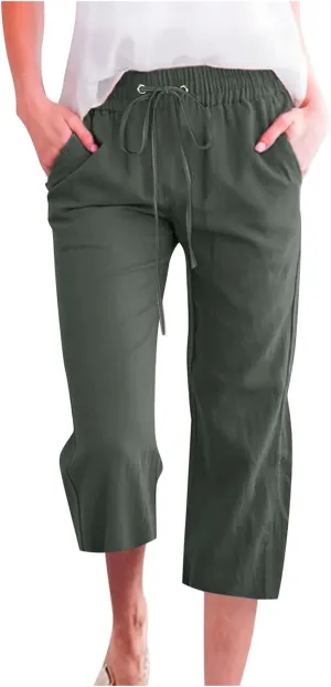 Capris Pants for Women Cotton Linen Casual Summer 2025 Drawstring Elastic Waist Straight Cropped Trouser with Pockets