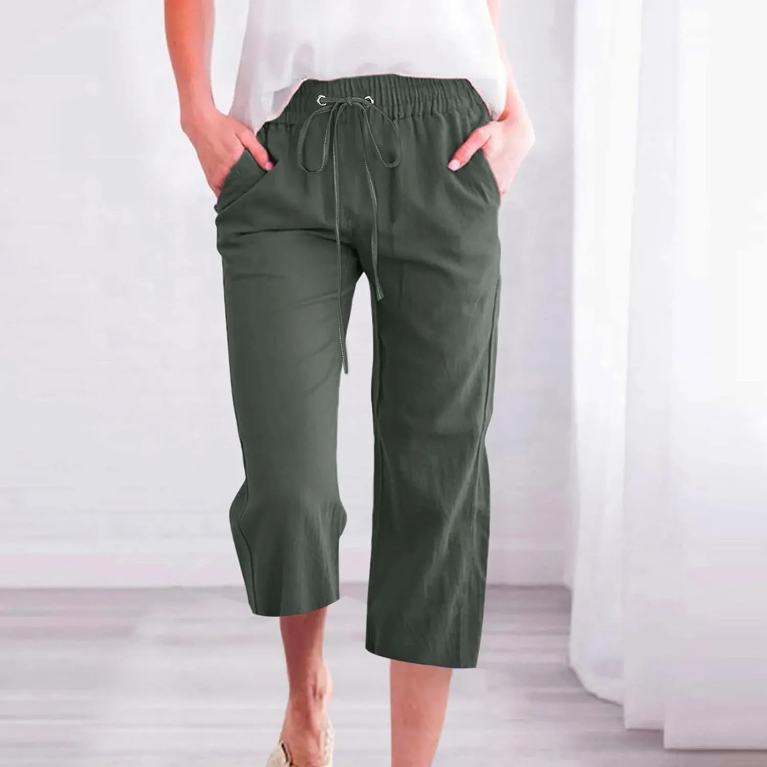 Capris Pants for Women Cotton Linen Casual Summer 2025 Drawstring Elastic Waist Straight Cropped Trouser with Pockets