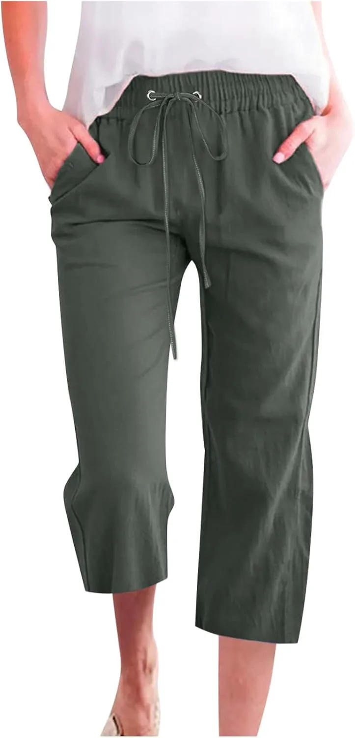 Capris Pants for Women Cotton Linen Casual Summer 2025 Drawstring Elastic Waist Straight Cropped Trouser with Pockets
