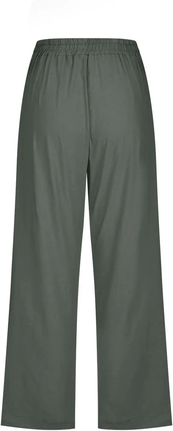 Capris Pants for Women Cotton Linen Casual Summer 2025 Drawstring Elastic Waist Straight Cropped Trouser with Pockets