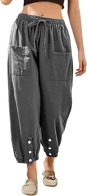 Casual Baggy Harem Pants for Women Elastic High Waisted Summer Lounge Trousers Lantern Barrel Pants with Front Pocket