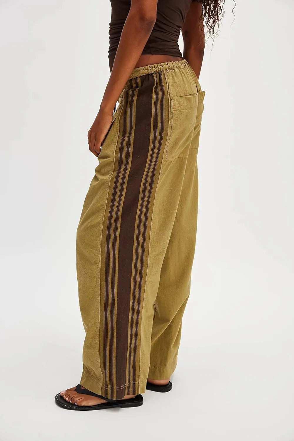 Casual Crayon Striped Pants for Women Drawstring Elastic High Waist Lounge Pant Color Block Baggy Wide Leg Sweatpants
