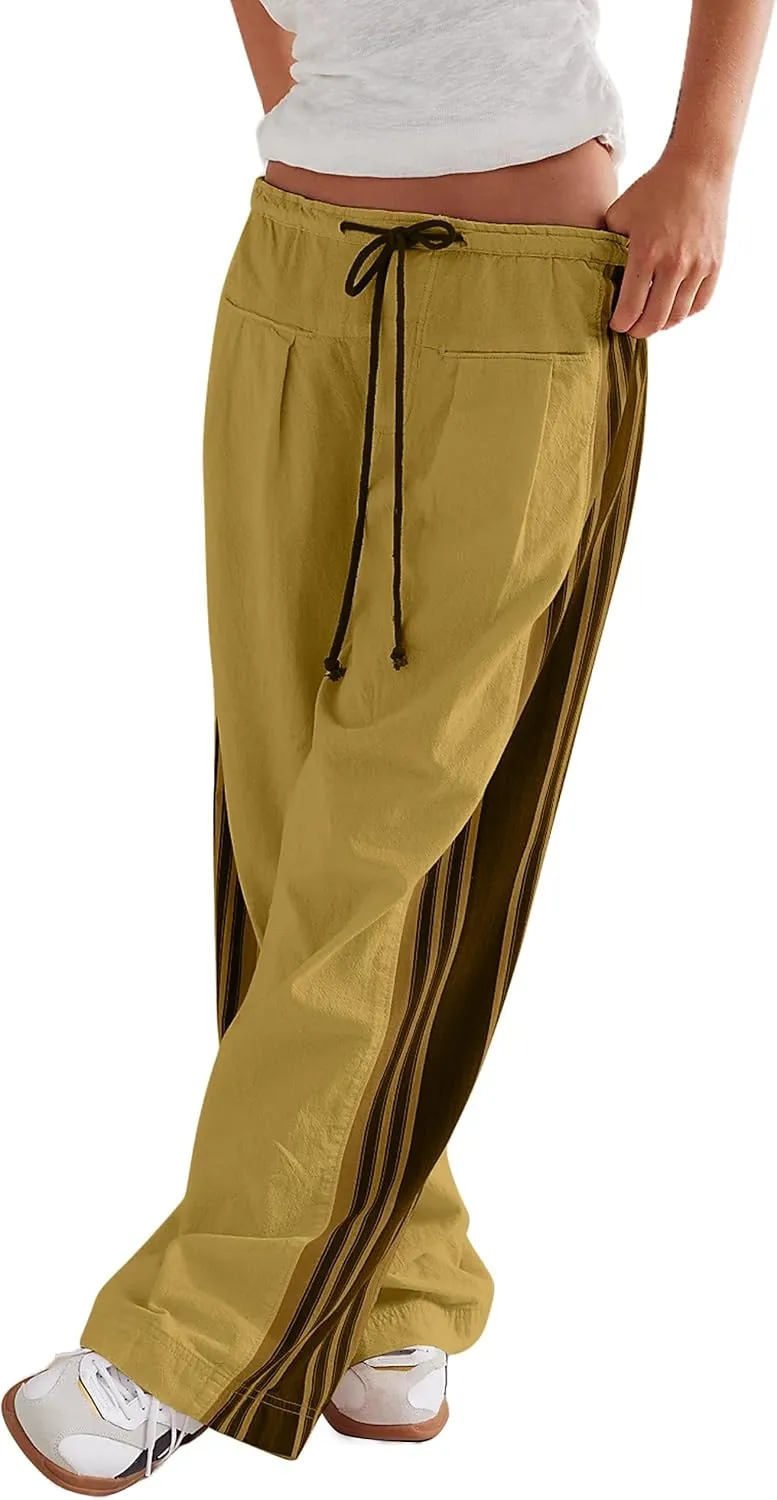 Casual Crayon Striped Pants for Women Drawstring Elastic High Waist Lounge Pant Color Block Baggy Wide Leg Sweatpants