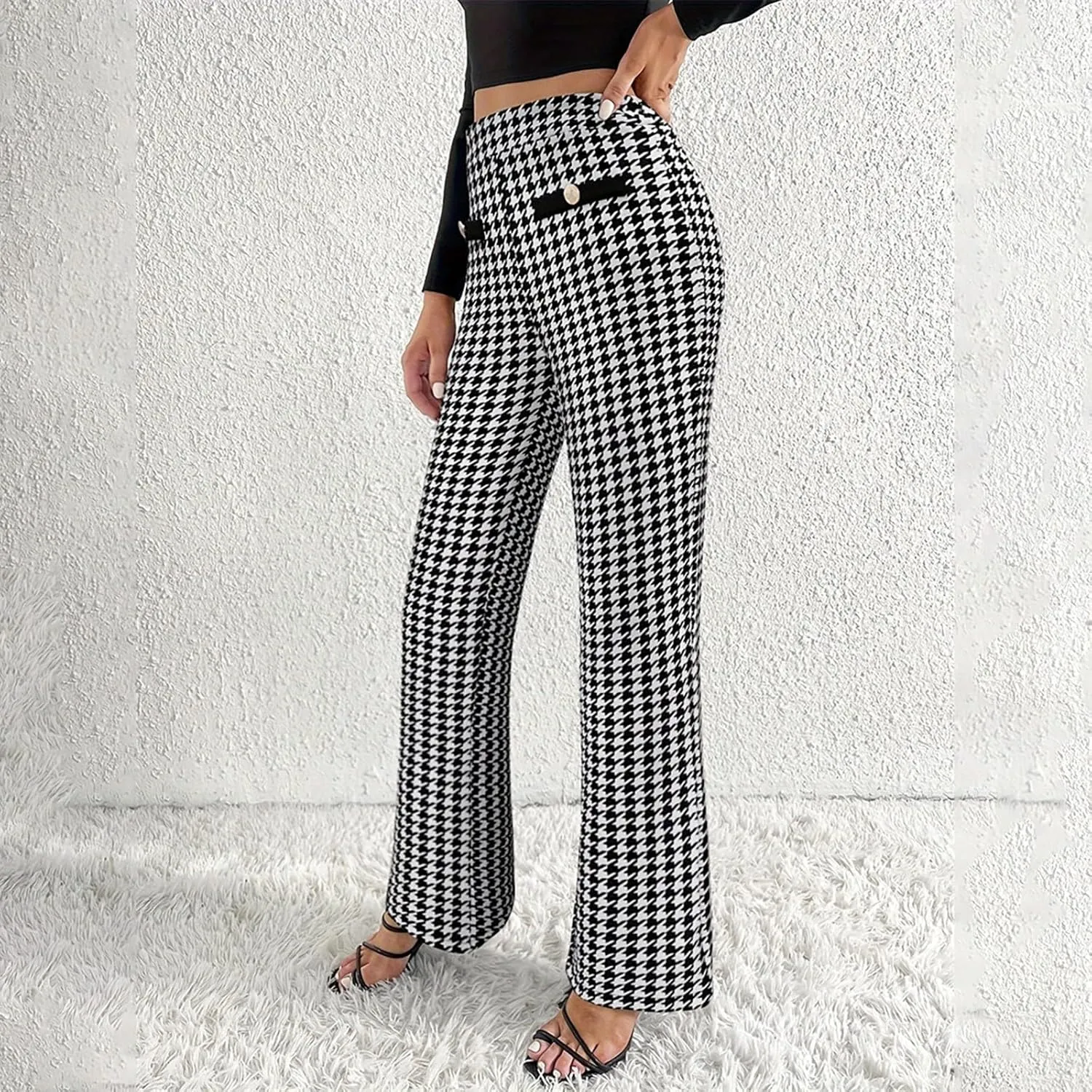 Casual Work Pants Women Dressy Elegant Houndstooth Print Dress Pants High Waist Business Office Trousers Fashion