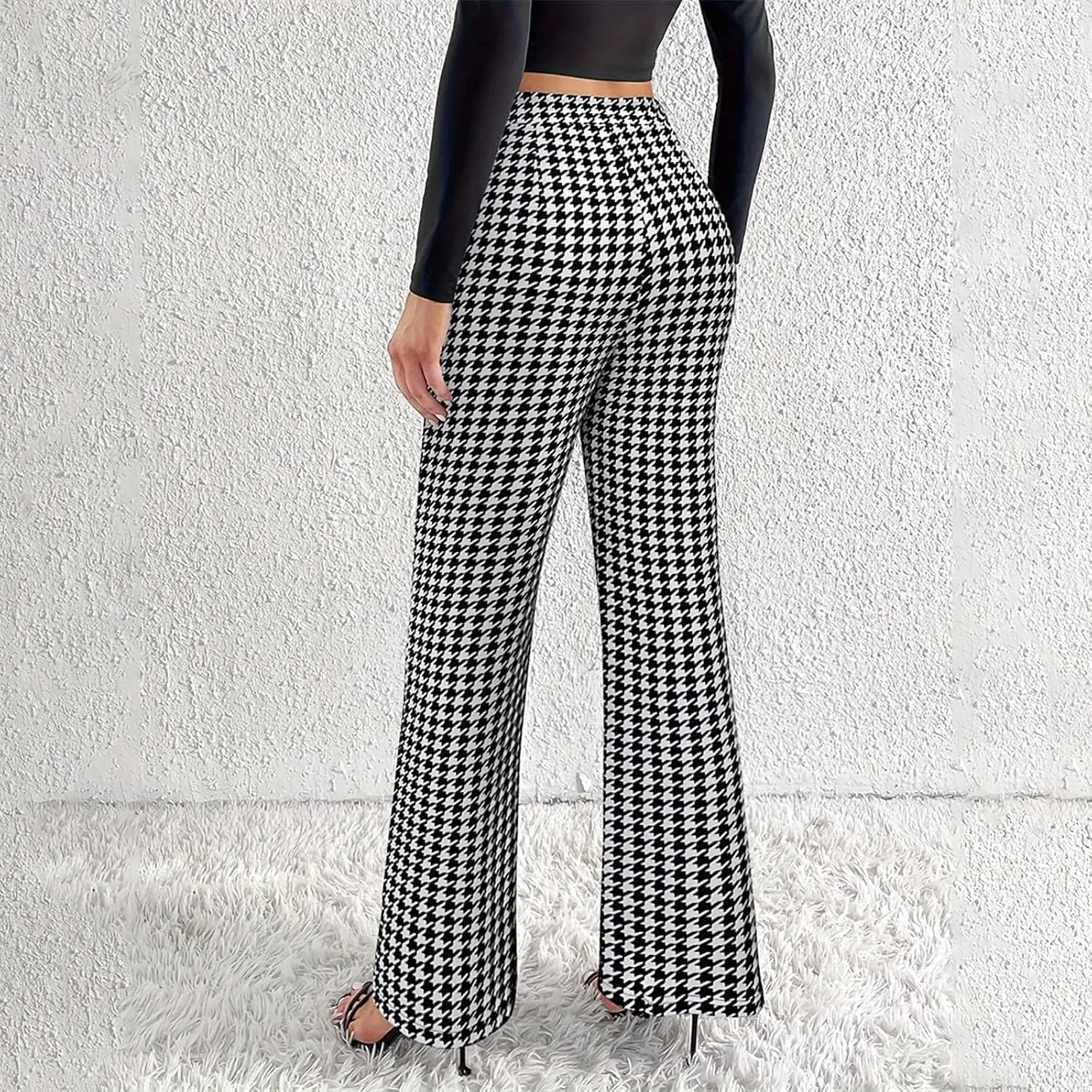 Casual Work Pants Women Dressy Elegant Houndstooth Print Dress Pants High Waist Business Office Trousers Fashion
