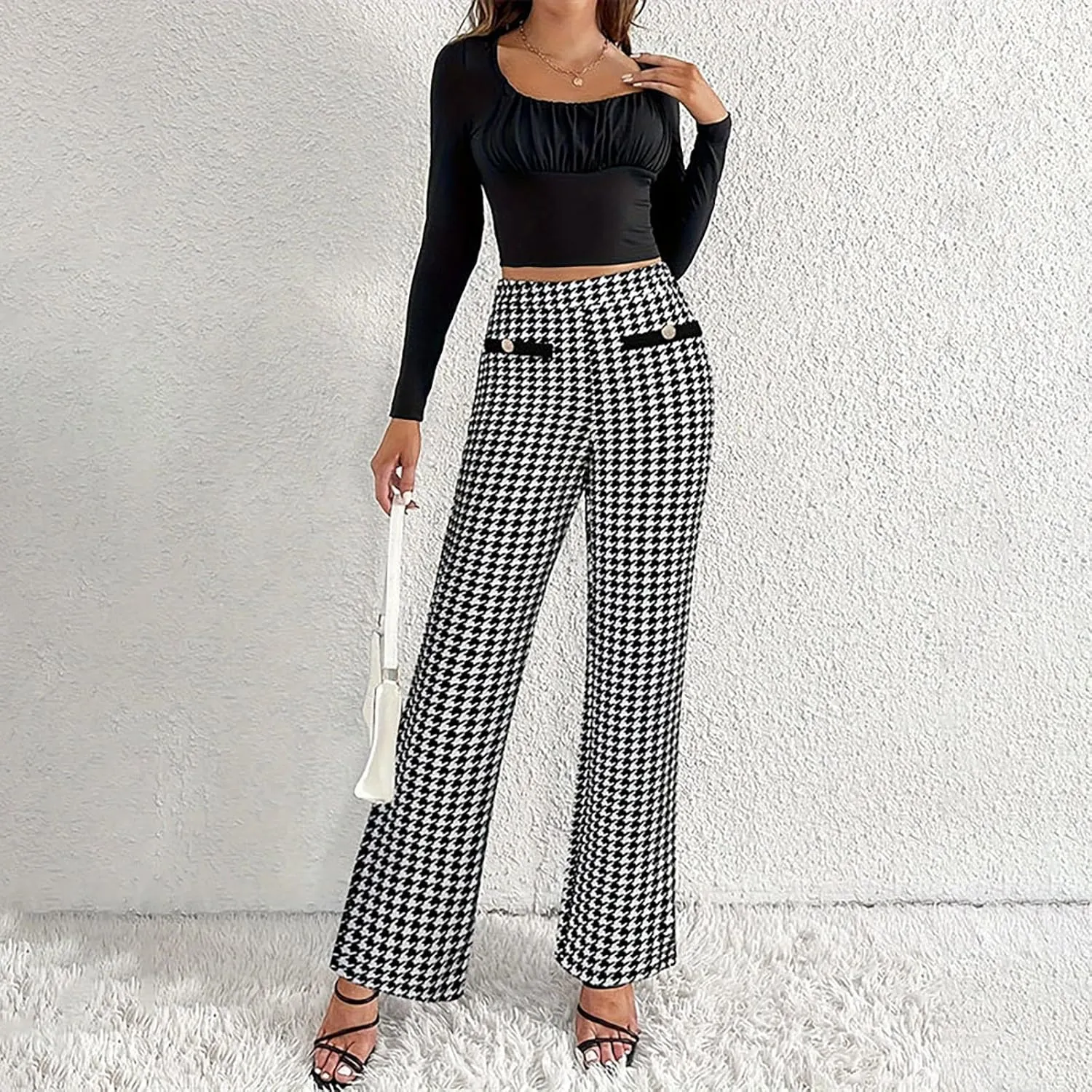 Casual Work Pants Women Dressy Elegant Houndstooth Print Dress Pants High Waist Business Office Trousers Fashion