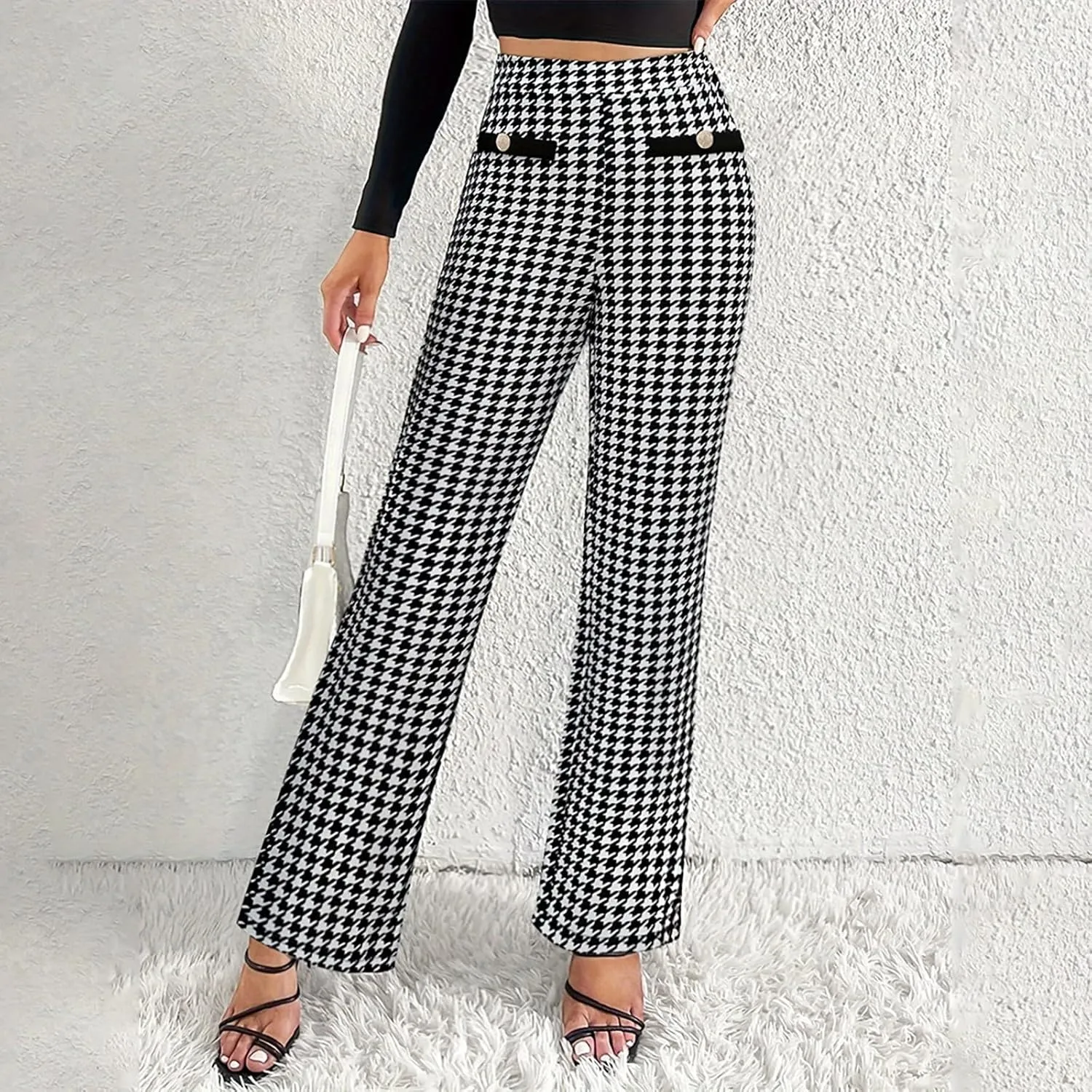 Casual Work Pants Women Dressy Elegant Houndstooth Print Dress Pants High Waist Business Office Trousers Fashion
