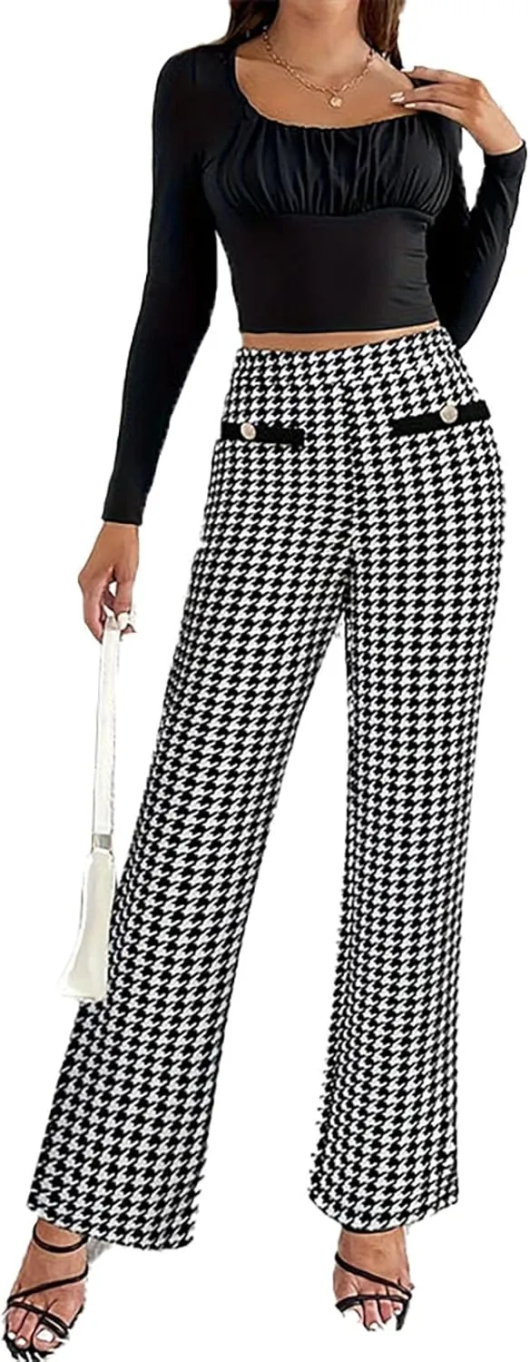 Casual Work Pants Women Dressy Elegant Houndstooth Print Dress Pants High Waist Business Office Trousers Fashion