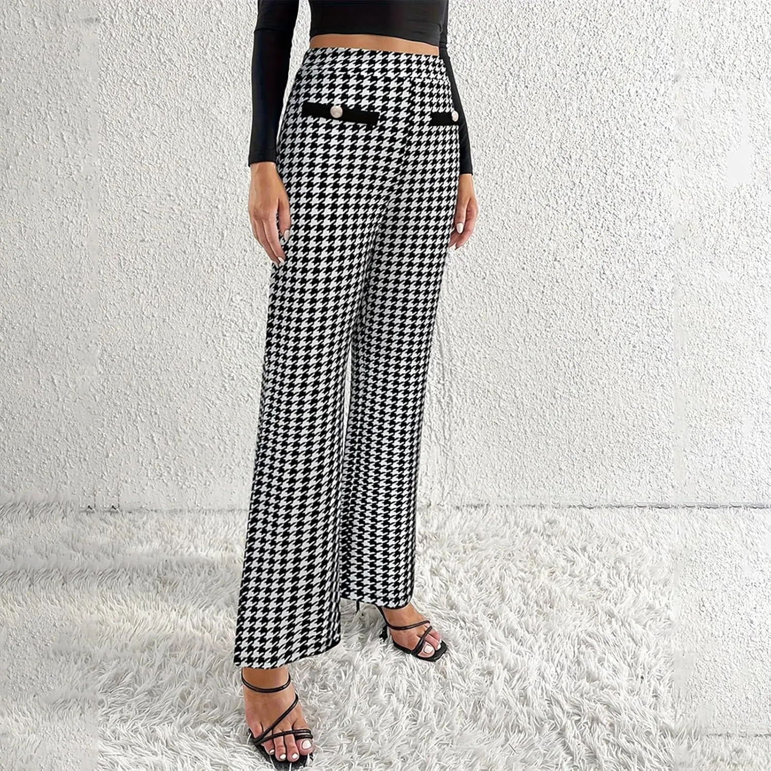 Casual Work Pants Women Dressy Elegant Houndstooth Print Dress Pants High Waist Business Office Trousers Fashion