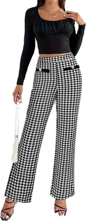 Casual Work Pants Women Dressy Elegant Houndstooth Print Dress Pants High Waist Business Office Trousers Fashion